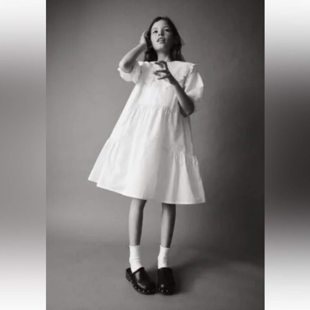 Zara Girls Poplin Embroidered Collar White Dress